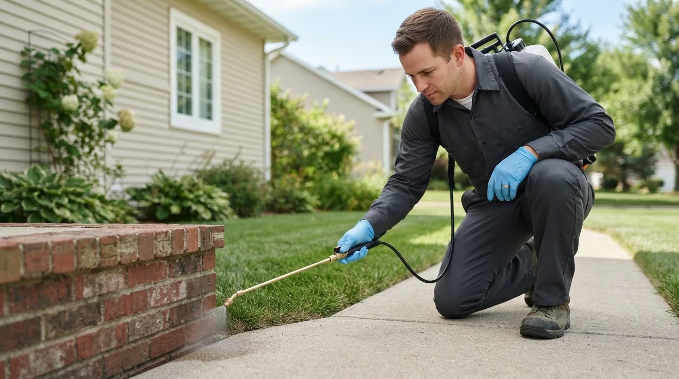 Pest control technician treating a home near Fischer, TX