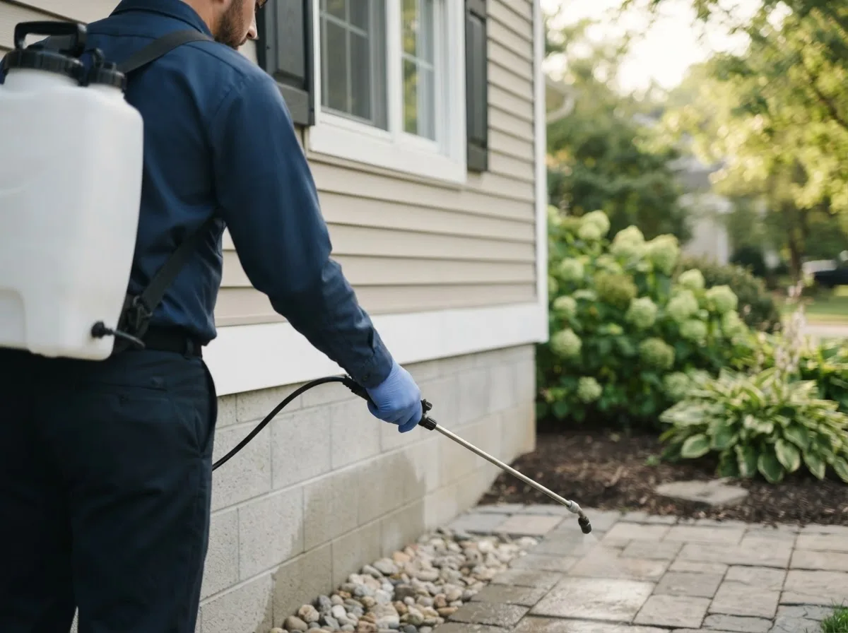 Pest control technician inspecting a home in Fischer, TX